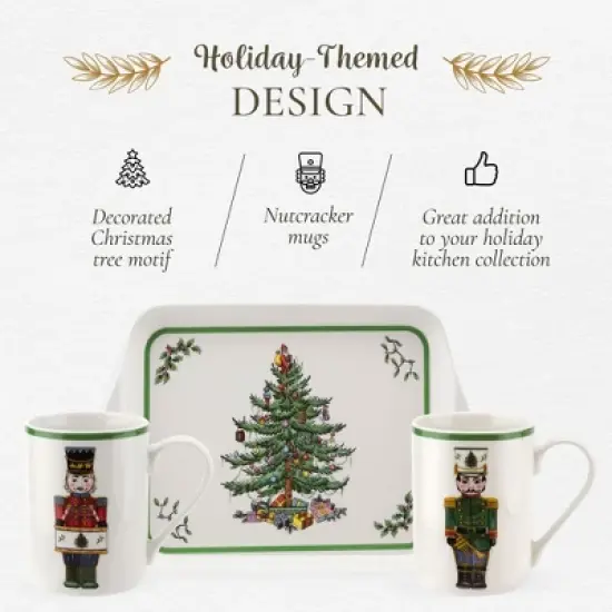 Spode Christmas Tree Nutcracker 10oz Mug & 8" Tray Set (3-Piece Set) - Festive Porcelain Mugs with Melamine Tray, Dishwasher & Microwave Safe image {2}