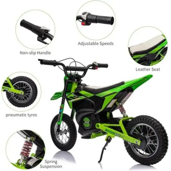 24V Kids Ride-On Motorcycle, Electric Off-Road Dirt Bike with 250W Motor, 13.6 MPH Speed, Chain Drive, Leather Seat, Disc Brake,Pneumatic Tires Green image {1}