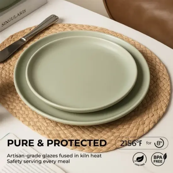 SEVOBAL 12-Piece Stoneware Dinnerware Set Microwave Dishwasher Friendly Stackable Matte Glaze Plates Bowls Service for 4, Green, 10"*10"*2.4" image {1}