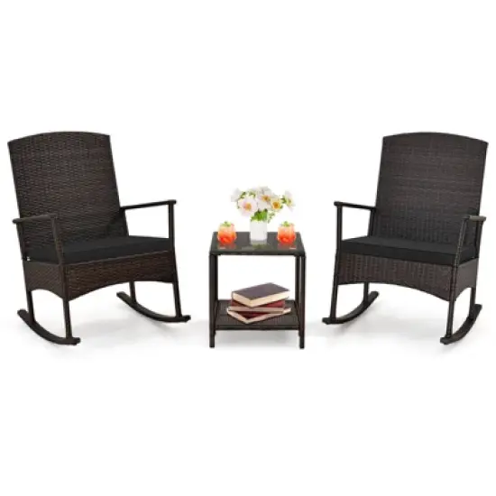 Costway 3 Piece Patio Rocking Set Wicker Rocking Chairs with 2-Tier Coffee Table Turquoise/Off White/Black image {1}