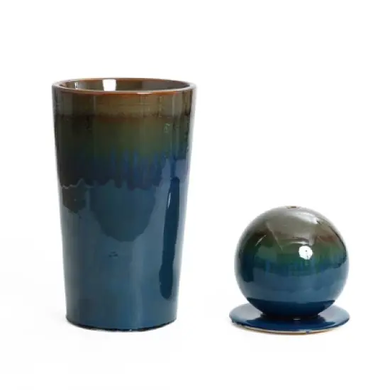 LuxenHome 30" Ceramic Outdoor Water Fountain, Glazed Blue Bubbling Sphere Garden Water Fountain Outdoor and Indoor image {7}