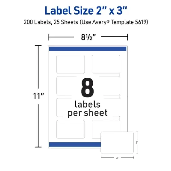 Avery Printable Rectangular Labels with Sure Feed, 2" x 3", Matte White, Permanent Adhesive, Laser & Inkjet Printers, 200 Blank Labels (5619) image {4}