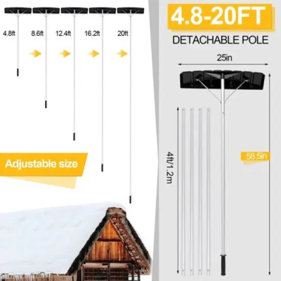 SUGIFT 20ft Snow Roof Rake 25" Plastic Blade Snow Removal Tool for House Roof, , Wet Leaves, Car Snow image {3}