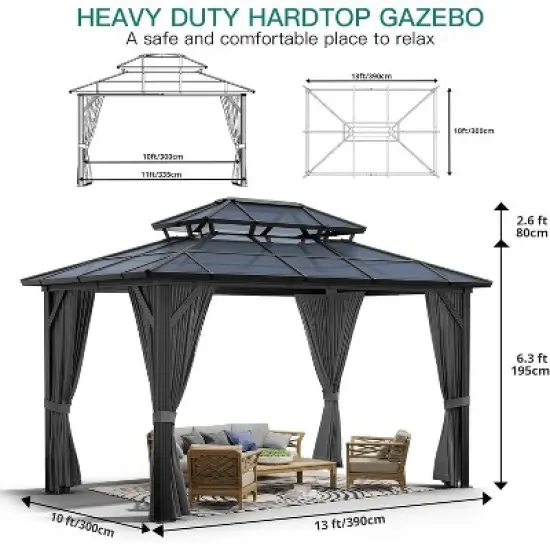 10x13 FT Outdoor Gazebo with Polycarbonate Double Roof, Aluminum Frame Pergola with Curtains and Netting for Patio, Garden, Patio, Lawns, Khaki image {6}