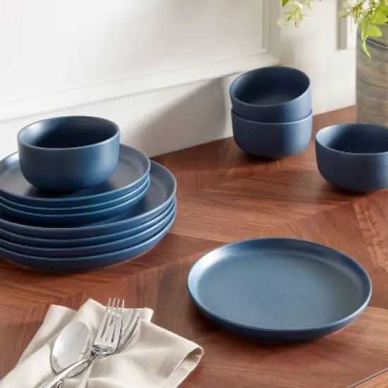 12pc Stoneware Tilley Dinnerware Set Blue - Threshold&trade;: Solid Dish Set, Microwave & Dishwasher-Safe, Service for 4 image {1}