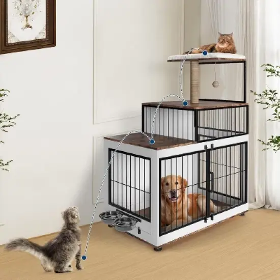 Coucheta 52" Wooden Dog Crate Furniture with Cat Scratching Post - 2-in-1 Pet House for Large Dogs, Includes 2 Food Bowls image {7}