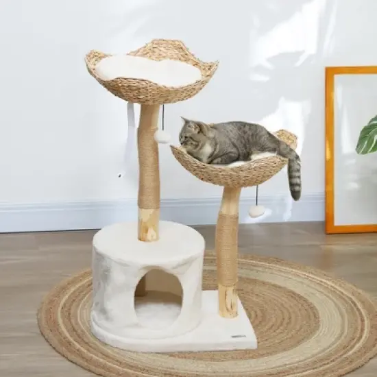 PawHut 37 Inch Modern Cat Tree w/ Wooden Scratching Posts, Condo, Beds, Cushions, Toy Balls, Anti-Tip Kit for Indoor Adult Cats & Kittens, Cream White image {1}
