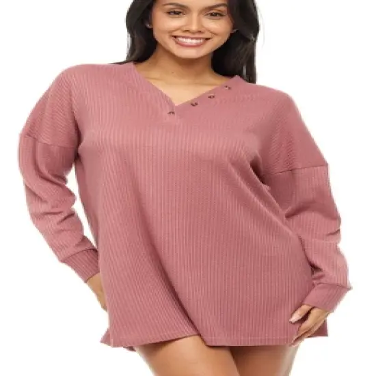 Women's Soft Ribbed Waffle Rib Knit Oversized Sleep Shirt, V-neck Night Shirt Sweater Top image {9}