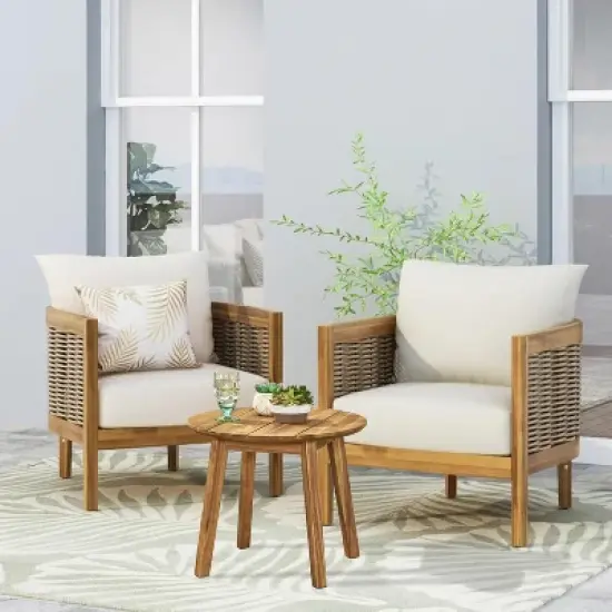 Christopher Knight Home Burchett 3 Piece Patio Acacia Wood and Faux Rattan Chat Set with Cushions image {1}