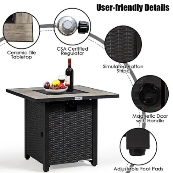Costway 30'' Square Propane Gas Fire Pit Table Ceramic Tabletop 50,000 BTU with Cover image {2}