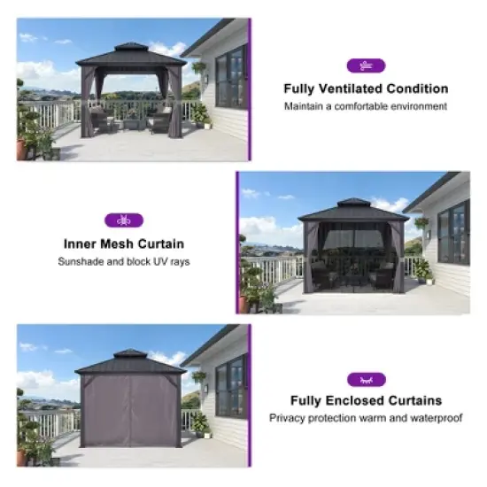 PURPLE LEAF Permanent Hardtop Gazebo Aluminum Frame Gazebo with Galvanized Steel Double Roof, UV-Resistant, Netting & Curtains included - Grey image {8}
