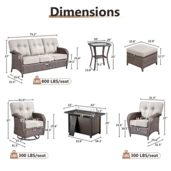 Belord Brown Wicker 9 Piece Patio Furniture Set with 5" Thick Cushions, Outdoor Fire Pit Table Set with Swivel Gliding Rocker Chairs and Club Chairs image {15}