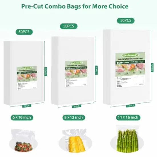 Vacuum Sealer Bags for Food Storage 150 Gallon 11" x 16" and Quart 8" x 12" and Pint 6" x 10", with BPA-Free image {2}