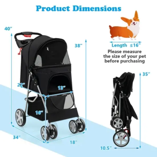 Costway Folding Pet Stroller 4-Wheel Pet Travel Carrier w/Storage Basket image {2}