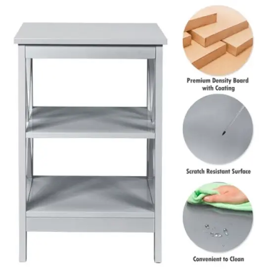 Costway 3-Tier Nightstand End Table X Design Storage Display Shelf Living Room Grey image {8}
