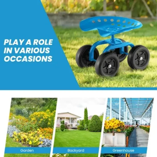 Costway Rolling Garden Cart Heavy Duty Workseat with 360&deg; Swivel Seat & Adjustable Height Blue/Red/Green image {9}
