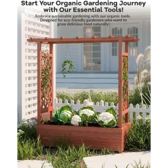 Raised Garden Bed With Trellis, Wood Planter Box With Side Trellis, Hanging Roof, and Drainage Holes, for Climbing Plants, Vines, Flowers image {6}