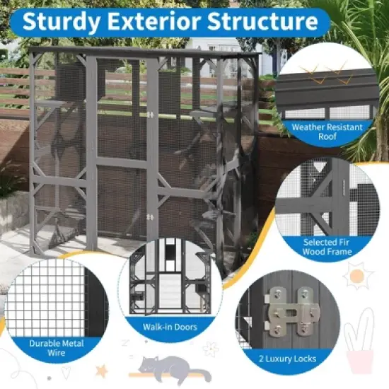 Jojoka 70 Inch Large Walk-in Outdoor Catio Cat Enclosure with Window Access, Roof, Resting Boxes, Hammock, Scratching Post, Grey image {3}
