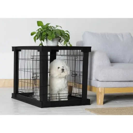 Merry Products 2 Door Decorative Pet Kennel with Wooden Protection Cover, Divider Insert, and Removable Tray End or Side Table, Black image {2}