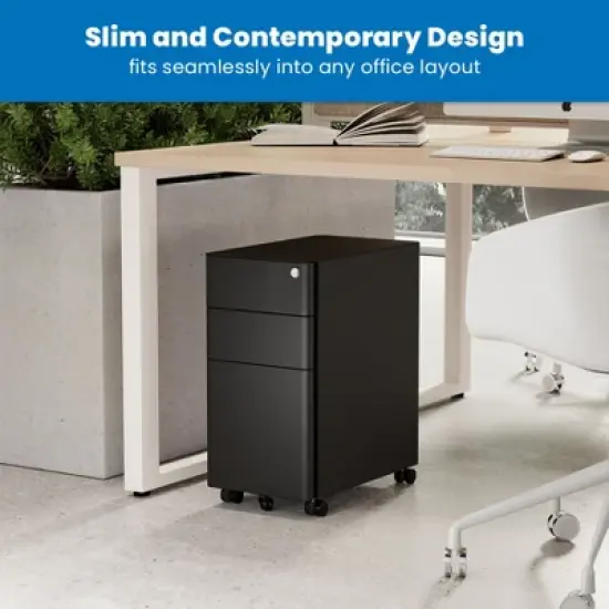 Mount-It! Mobile File Pedestal Cabinet with 3 Drawers & Lock | Slim Design Under Desk Storage & Organizer for Files, Folders & Office Supplies | Black image {1}