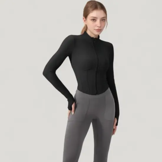 Anna-Kaci Active Women's Long Sleeve Zip-Up Cropped Active Jacket with Thumbhole Cuffs and Slim Fit Design image {2}