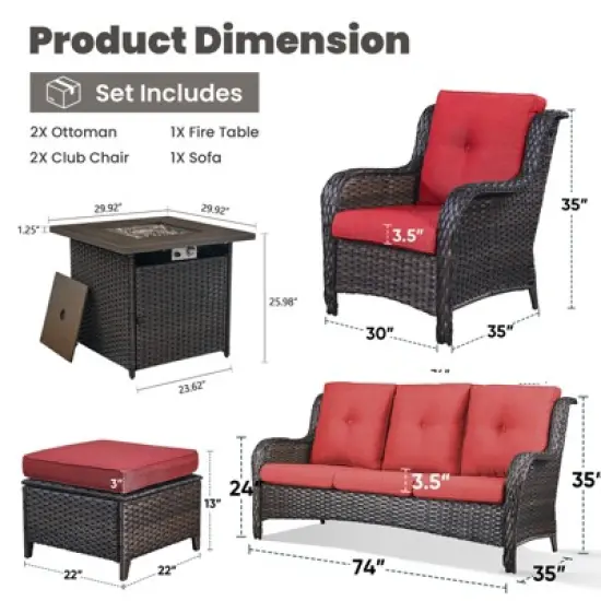 6 Pieces Outdoor Patio Furniture Set with Fire Pit Table, PE Resin All Weather Wicker Patio Propane Fire Pit Set with Patio Couch, Club Chairs in Red image {15}