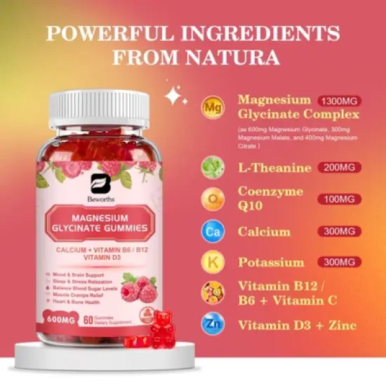 B Beworths 600 Mg Magnesium Glycinate Gummies, Magnesium Supplement Complex, Support Joint & Energy, Vegan & 0-Sugar, 60 Count image {3}