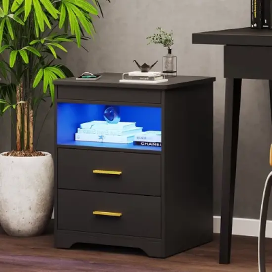 Fredees Night Stand with Drawer, Charging Bedside Table with USB & Type-C Port, LED Nightstand with Human Sensor Light. image {4}