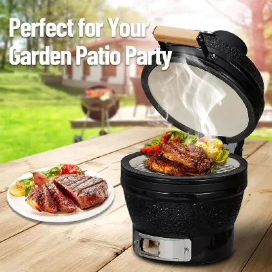 Acekool 13" Ceramic Charcoal Grill - Portable Egg-Style Cooker with Stand, Stainless Grate & Heat Deflectors for Outdoor BBQ & Baking image {6}