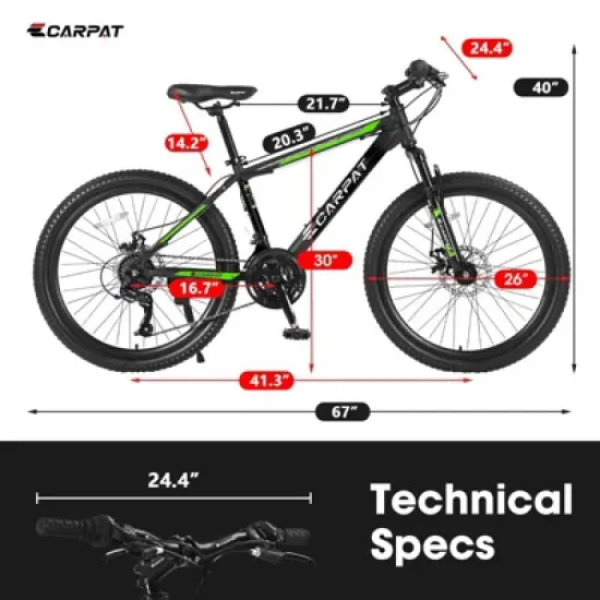 INFURNIC Bicycles 26 Inch Mountain Bike with Shimano 21 Speeds and Mechanical Disc Brakes for Trail Riders, Green, 71"*25"*39.3" image {3}