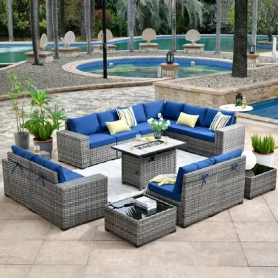 Marlton 13pc Wicker Outdoor Patio Furniture Set Conversation Sofa Set with a Rectangle Fire Pit and Cushions image {18}