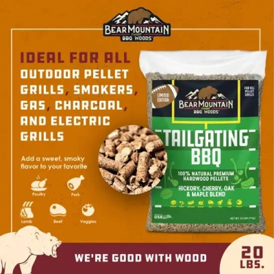 Bear Mountain Tailgating BBQ Blend All Natural Low Moisture Hickory, Cherry, Oak, and Maple Pellets for Outdoor Grilling and Cooking, 20 Pound Bag image {2}