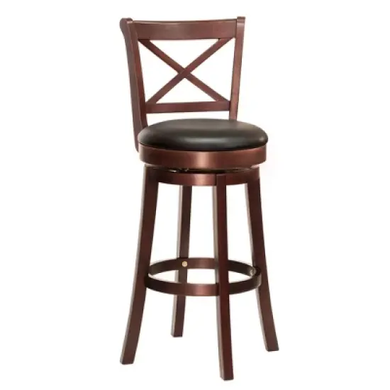 HOMCOM Traditional Bar Stool, 31 Inch Seat Height Barstool, Swivel PU Leather Upholstered Chair, with Cross Back and Rubberwood Frame image {6}
