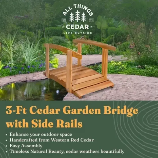 All Things Cedar Wooden Bridge, Outdoor Garden Handcrafted Walkway with Side Rails for Backyards, Streams, or Pond image {1}