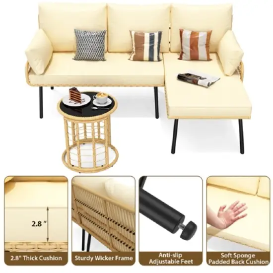 3-Piece L-Shaped Patio Furniture Set, All-Weather Outdoor Sectional Sofa with Cushions and Glass Coffee Table, Perfect for Decks, Gardens, Balconies image {5}