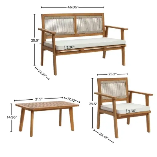 LuxenHome Outdoor Acacia Wood Rope Back 4-Piece Patio Seating with Cushions and Coffee Table Set image {4}