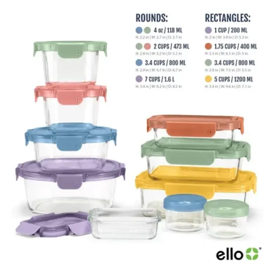 Ello 20pc Color Lock Mixed Food Storage Container Set: Glass & Polypropylene, Multicolored, Microwave & Oven-Safe image {1}