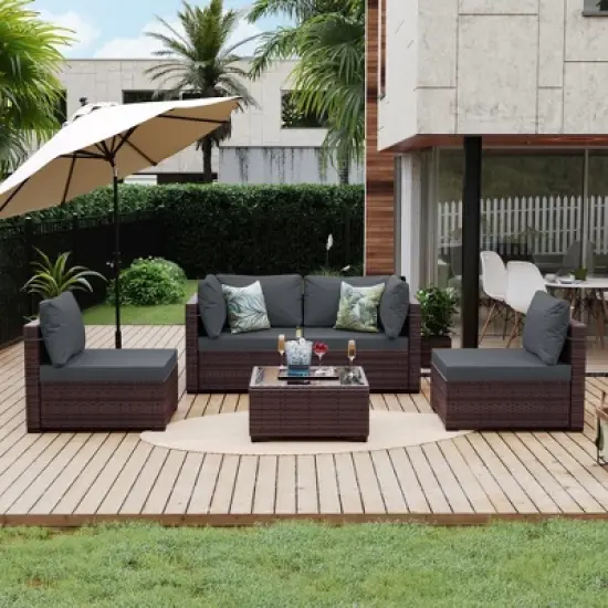UPHA 5-Piece Rattan Patio Sofa Conversation Set with Cushions image {10}