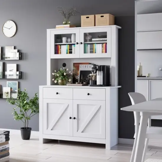Kitchen Pantry Storage Cabinet with Microwave Stand & Coffee Bar Cabinet,Freestanding Hutch Cabinet with 4Doors image {9}