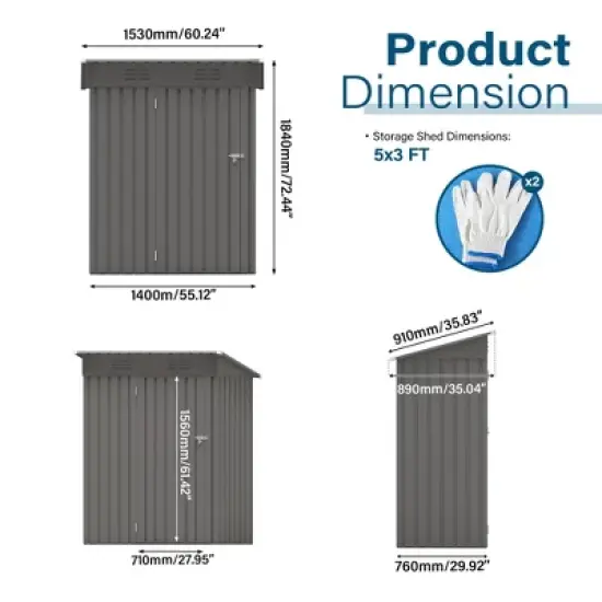5X3 FT Outdoor Storage Shed, Tool Shed with Pitched Roof and Lockable Door Compact Metal Tool Shed for Garden, Backyard, Patio,Bike Storage, Gray image {6}