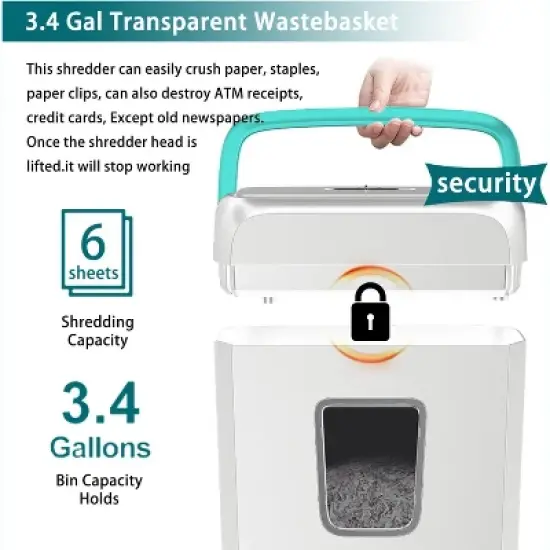 Bonsaii 6-Sheet Crosscut Paper Shredder for Home Use, Shreds Paper, Credit Cards, Staples, Clips, 3.4 Gal Wastebasket, White/Blue, with Handle image {3}