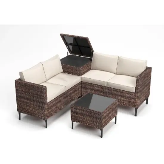 Jojoka 4-Piece All-Weather PE Rattan Patio Sofa Set, Sectional with Loveseat, Coffee Table with Storage, Ideal for Backyard image {10}