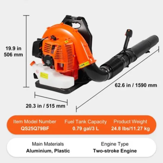 VEVOR Backpack Leaf Blower, 79CC 2-Cycle Gas Leaf Blower with 3L Fuel Tank, 930CFM Air Volume 184MPH Speed, Ideal for Lawn Care, Leaf Cleaning image {7}