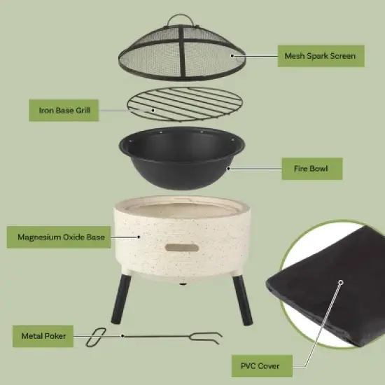 Pure Garden 21" Magnesium Oxide Round Outdoor Fire Pit Set Light Gray: Includes Poker & Cover, Easy Assembly image {7}