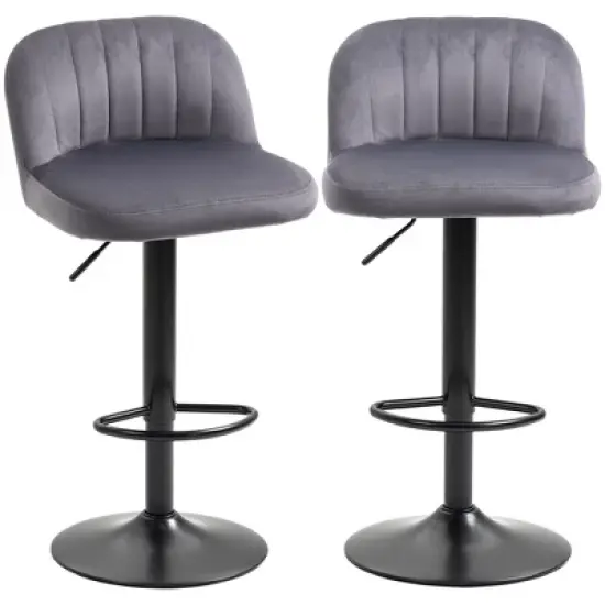 HOMCOM Adjustable Bar Stools Set of 2, Velvet Counter Height Barstool, Upholstered Kitchen Stool with Swivel Seat, Steel Frame, Footrest, &lrm;Gray image {3}