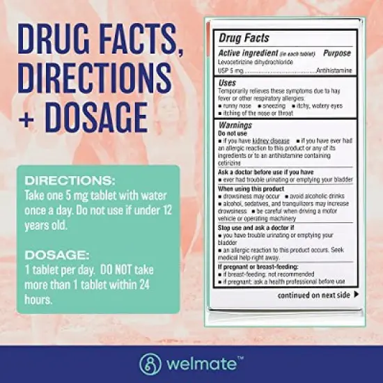 WELMATE 24 Hour Allergy Relief Tablets -  Levocetirizine 5mg 180ct image {3}
