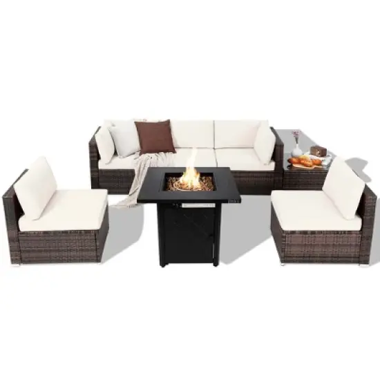 Costway 7 PCS Patio Furniture Set with 28" 50000 BTU Propane Gas Fire Pit Table Cushions Red/Turquoise/Off White image {1}