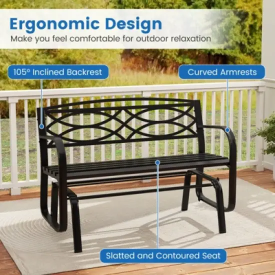 Costway 2-Person Outdoor Glider Bench with Metal Frame Armrests Geometric Backrest image {8}