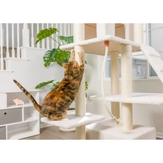 Armarkat B8201 Classic Real Wood Cat Tree In Ivory, Jackson Galaxy Approved, Multi Levels With Ramp, Three Perches, Rope Swing, Two Condos image {4}
