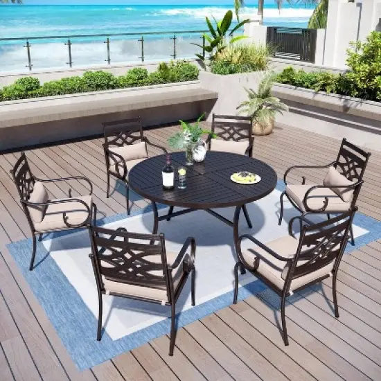 Captiva Designs 7pc Black Round Slatted Steel Table with Umbrella Hole & Metal Chairs with Seat Cushions and Waist Pillows image {11}